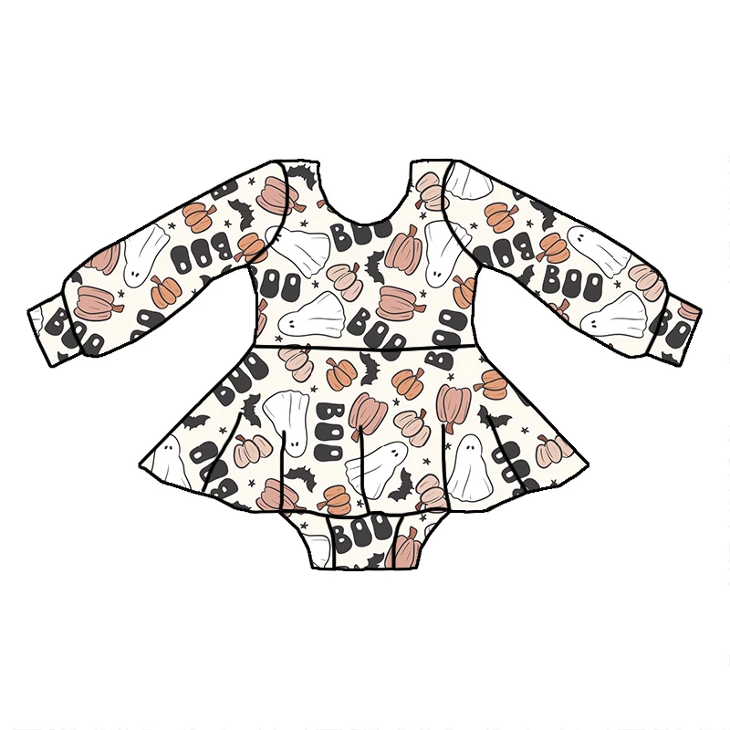 2023 Fashion Children Fall Season Spooky Kids One-piece Custom Prints Girls Long Sleeve Skirted Romper - Image 6