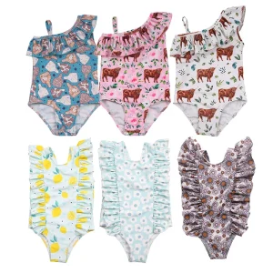 Western Cow Tag Print Summer Girls Swimsuit Ruffled Kids Swimwear for 0-16 Years Old Beach Bikini Swim Wear