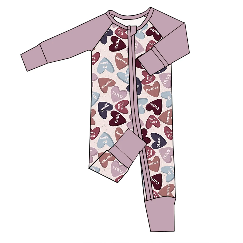 Hot Sale Valentine's Day Bamboo Fabric Long Sleeves Baby Girls Zippy Pajamas Cover Hand and Feet Romper - Image 5