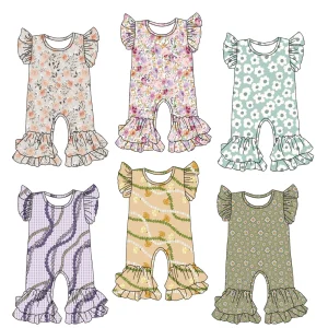 Children's Custom-made Printed One-piece Dress with Short Lace Sleeves and Double Layers  Fashionable Jumpsuit for Girls