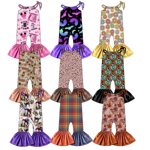 0-16 Years Old Baby Girls One Piece Halter Bodysuit Custom Pattern Sleeveless Bell Bottoms Kids Tie up Romper