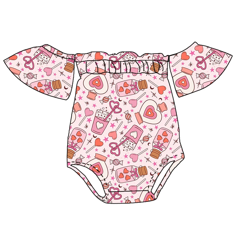Trendy Boutique Kids Clothing Valentine's Day Heart Custom Printing Baby Girl off Shoulder Romper - Image 4
