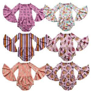 New Arrival Newborn Baby Smocked Romper Ribbed Knit Fabric Custom Print Girl Bell Sleeve One Piece Rompers Kids Jumpsuit