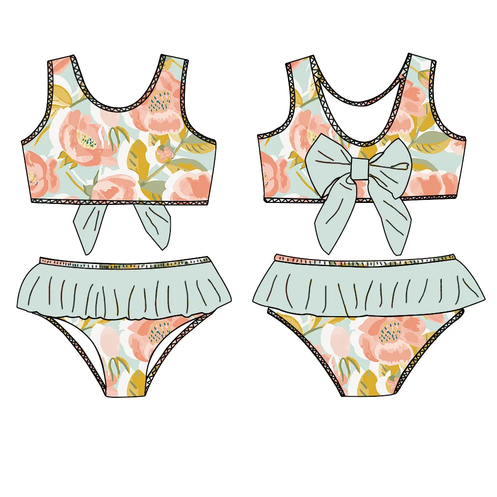 Hot Summer Sale Casual Pink Floral Print Ruffle 2pc Girls' One Pieces Swimwear Beach-friendly Baby Girl's Swimsuit - Image 6