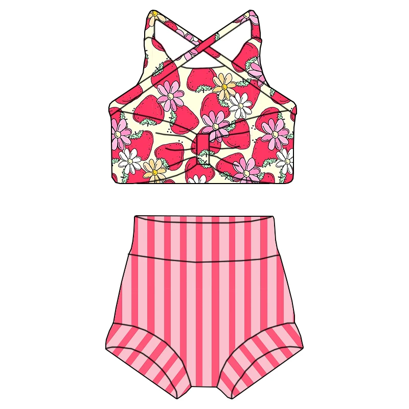 Summer Girl Custom Printed Bow Decoration Swimming Suit Set - High-quality Halter-style Children's Swimwear Set - Image 4