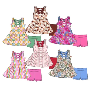 Hot Sale Summer Custom Floral Pattern Back Bows Peplum Tops with Biker Shorts Boutique Kids Girls Clothes Sets
