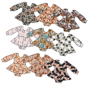 2023 Fashion Children Fall Season Spooky Kids One-piece Custom Prints Girls Long Sleeve Skirted Romper