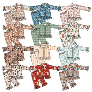 Wholesale Winter Silver fox Wool Warm Pajamas Set Cute Ruffle Design Custom Print Kids Baby Adult Long Sleeve Sleepwear