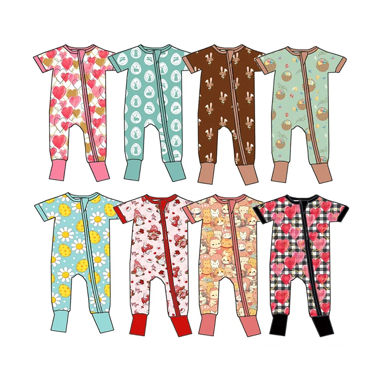 New Arrival Valentine's Day Soft Bamboo Fabric Short Sleeves Baby Girls Zippy Pajamas Romper