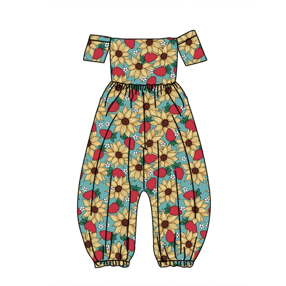 Hot Sale Custom Floral Pattern Off Shoulder Short Sleeves Jumpsuit Kids Girls Boutique Clothes for Summer - Image 6