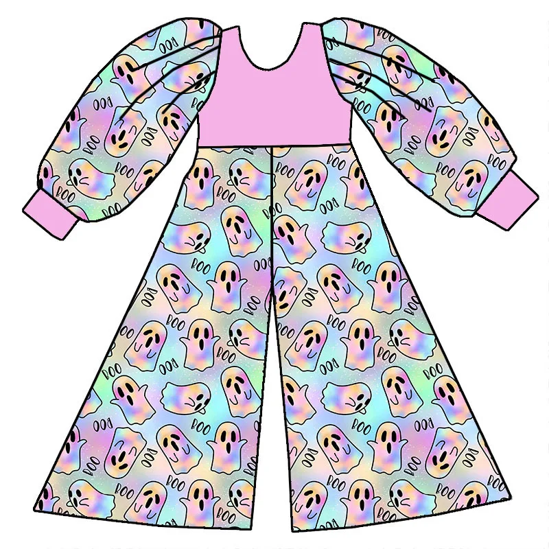 New Arrival Custom Fall Season Girl Clothing Halloween Pumpkin Printed One Piece Long Sleeve Wide Leg Jumpsuit - Image 2