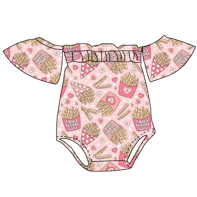 Trendy Boutique Kids Clothing Valentine's Day Heart Custom Printing Baby Girl off Shoulder Romper - Image 2