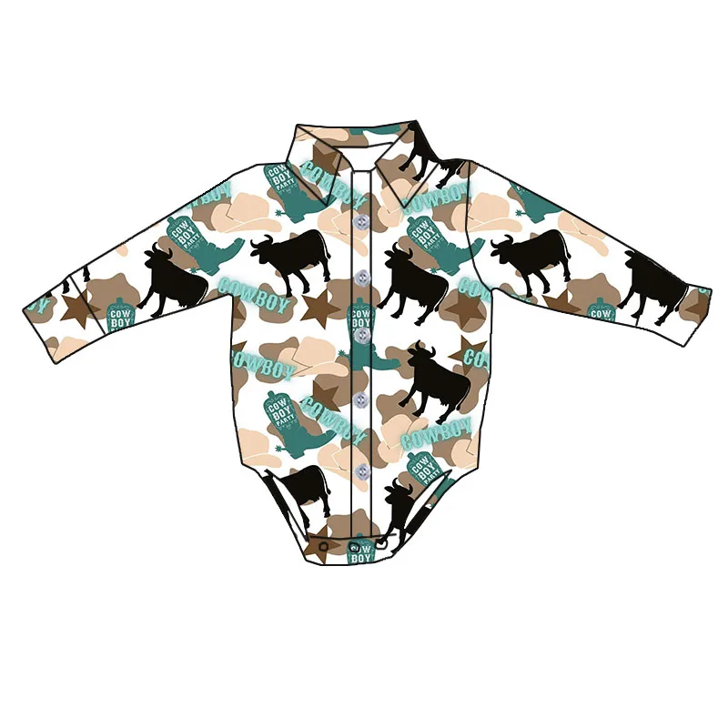 New Design Baby Rompers Long Sleeve Button up Romper Western Custom Print Toddler Boys Leotards - Image 3