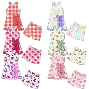 Girls' Sleeveless Dress Paired with Shorts Set New Style with Side Bows and Custom Printed Design - Fashionable Two-piece Outfit