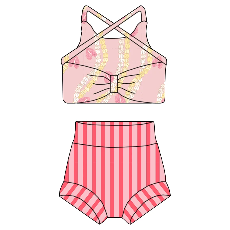 Summer Girl Custom Printed Bow Decoration Swimming Suit Set - High-quality Halter-style Children's Swimwear Set - Image 5