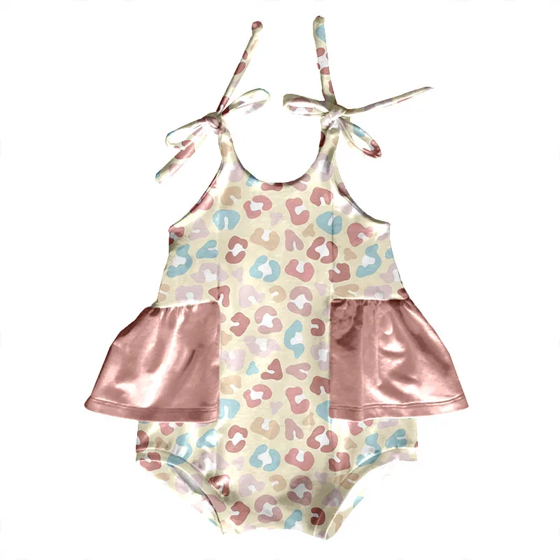 Summer Kids Tie up Leotard With Snap Button Custom Print Milk Silk Fabric Baby Clothes Girls Bubble Ruffle Romper - Image 6