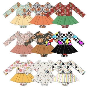 Factory Made Fall Winter Long Sleeve Off Shoulder Girl Skirted Romper Custom Print Kids Jumpsuit Baby Fitted Bodysuits