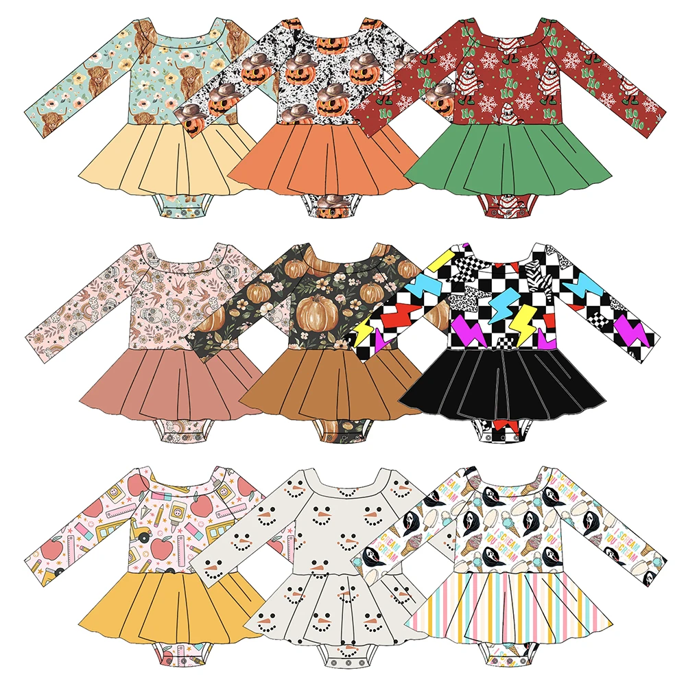 Factory Made Fall Winter Long Sleeve Off Shoulder Girl Skirted Romper Custom Print Kids Jumpsuit Baby Fitted Bodysuits