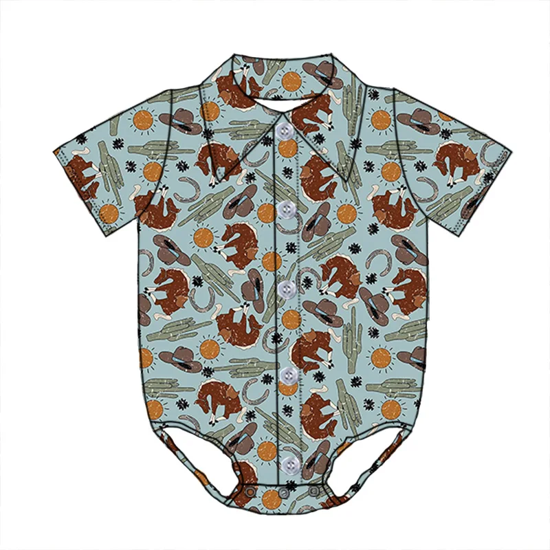 Toddler Boy Girl Western Print Milk Silk Soft Turn Down Collar Jumpsuit Newborn Baby Short Sleeve Romper Kids Button up Leotards - Image 4
