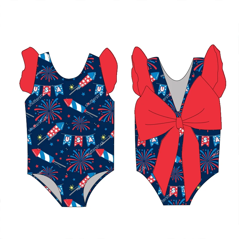 Wholesale Custom Girl's Summer Big Bow Swimsuit 4th of July Printing Kid's Sleeveless Beach Swimwear - Image 2