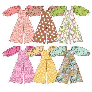 Hot Selling 0-16 Year Old Kids Girls Romper Long Puff Sleeve Custom Print Toddler Baby Kids Wide-legs Jumpsuits