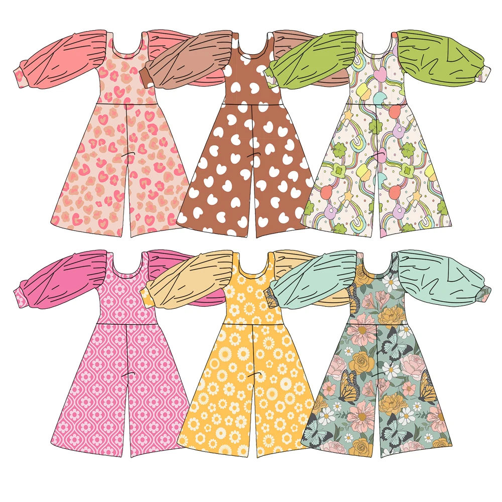 Hot Selling 0-16 Year Old Kids Girls Romper Long Puff Sleeve Custom Print Toddler Baby Kids Wide-legs Jumpsuits