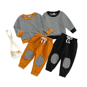Latest Little Boy Boutique Clothing Sets Custom Stripes with Solid Colors Fashion Loose 0-16 Years Old Children 2 Piece Sets