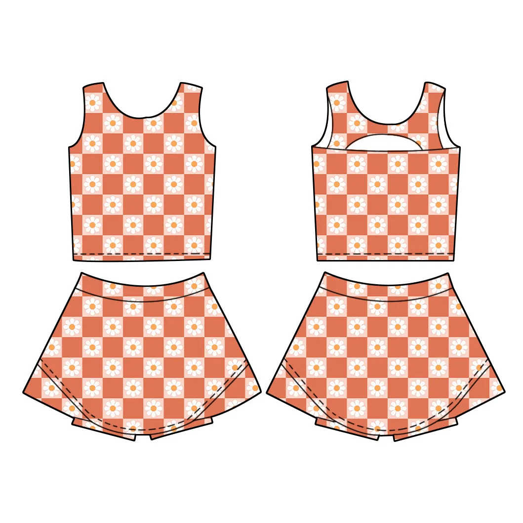Custom Breathable Anti-Bacterial Workout Clothes for Kids Girls Floral Print Tennis Skirt Yoga Suit with Logo on Waist and Front - Image 3