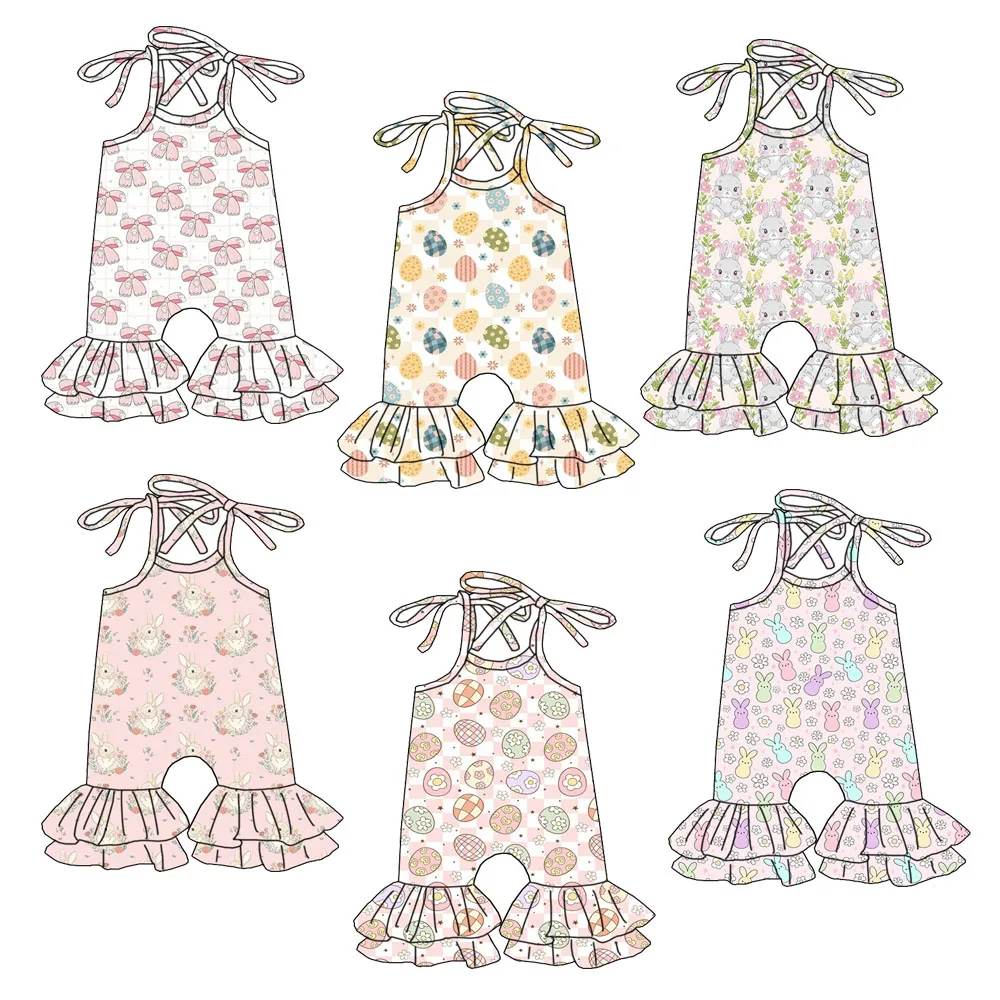 2026 Premium Children's Tied Belt Wide-leg Pants with Lace Trim and One-piece Dress with Easter Egg Print for Girls