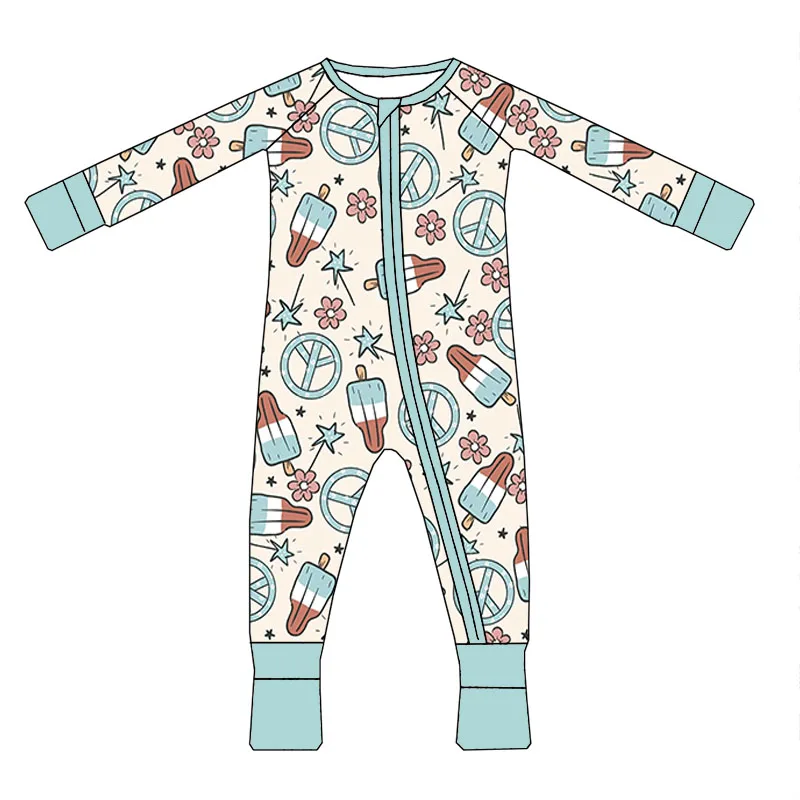 Hot Sale Custom Print Bamboo Fabric Long Sleeves Baby Girls Zippy Pajamas Romper - Image 4