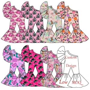 Wholesale Custom Western Cowgirls Printed Soft Fabric One Piece off Shoulder Flutter Sleeve Girls Jumpsuit