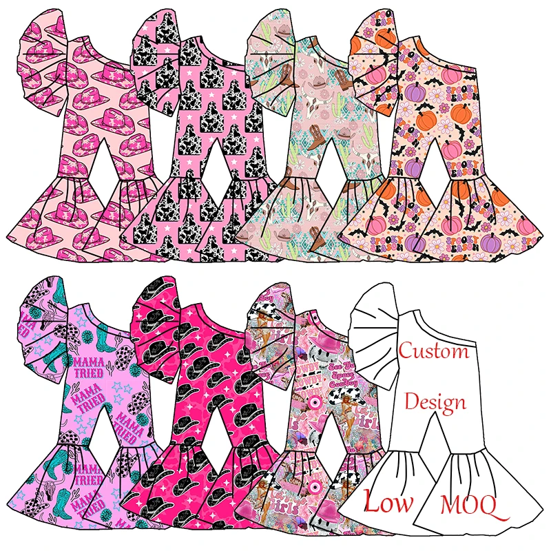 Wholesale Custom Western Cowgirls Printed Soft Fabric One Piece off Shoulder Flutter Sleeve Girls Jumpsuit