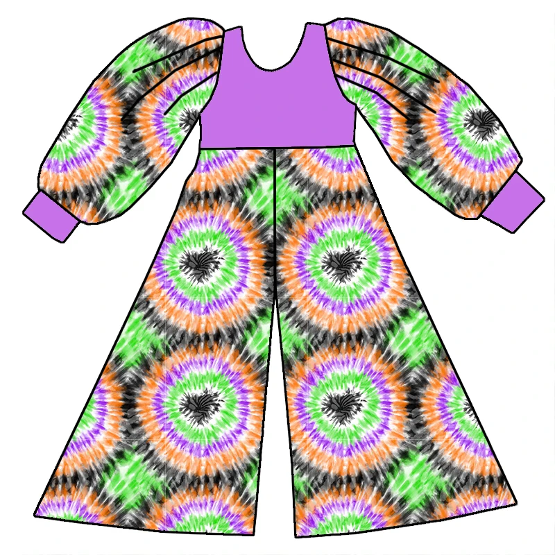 New Arrival Custom Fall Season Girl Clothing Halloween Pumpkin Printed One Piece Long Sleeve Wide Leg Jumpsuit - Image 5