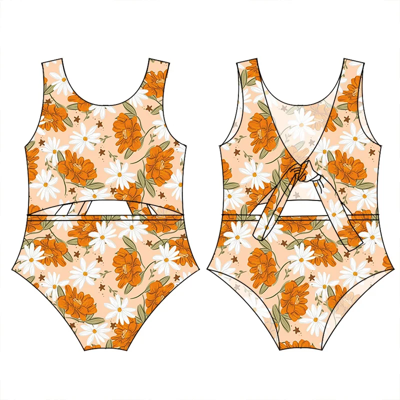 Wholesale Western Print Girl Swimsuit Double Layer Baby One Pieces Swim Wear Custom Pattern Kids Bathing Suit - Image 2