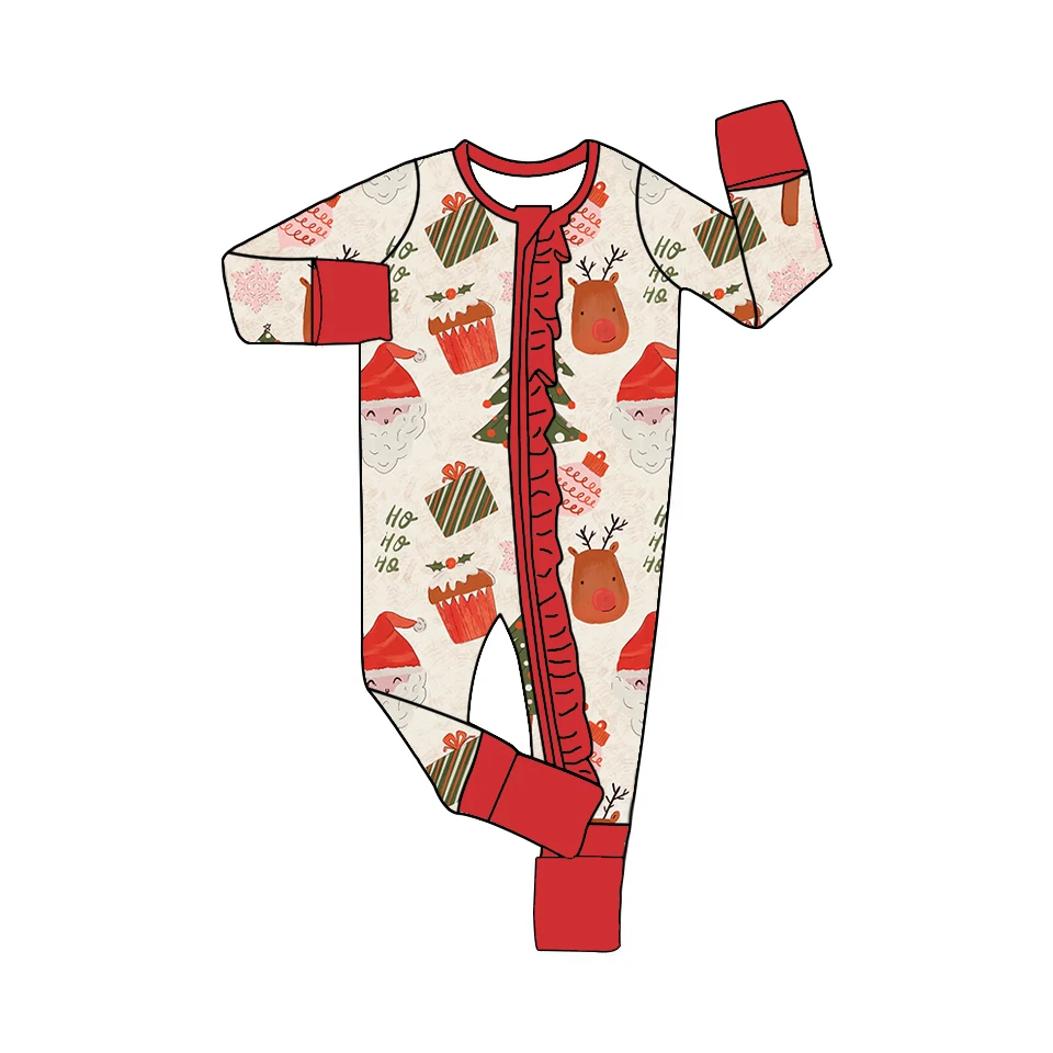 Hot Sell Infant Christmas Romper Custom Ruffles Design Baby Girl Winter Fold Hand and Feet Long Sleeve Zipper Lovely Sleepwear - Image 5
