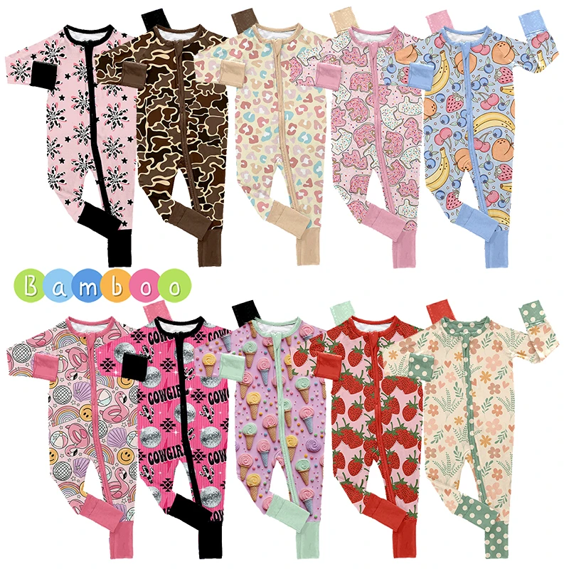 Hot Selling Custom Printing Baby 95 Bamboo 5 Spandex Fabric One Piece Home Wear Folded Cuffs Baby Long Zippy - Image 2