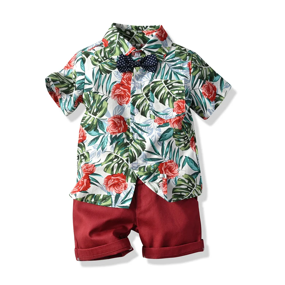 Western Children Clothing Two Piece Boy Clothes Flower Shirt Fashion Bow Tie Shorts With Pockets - Image 2