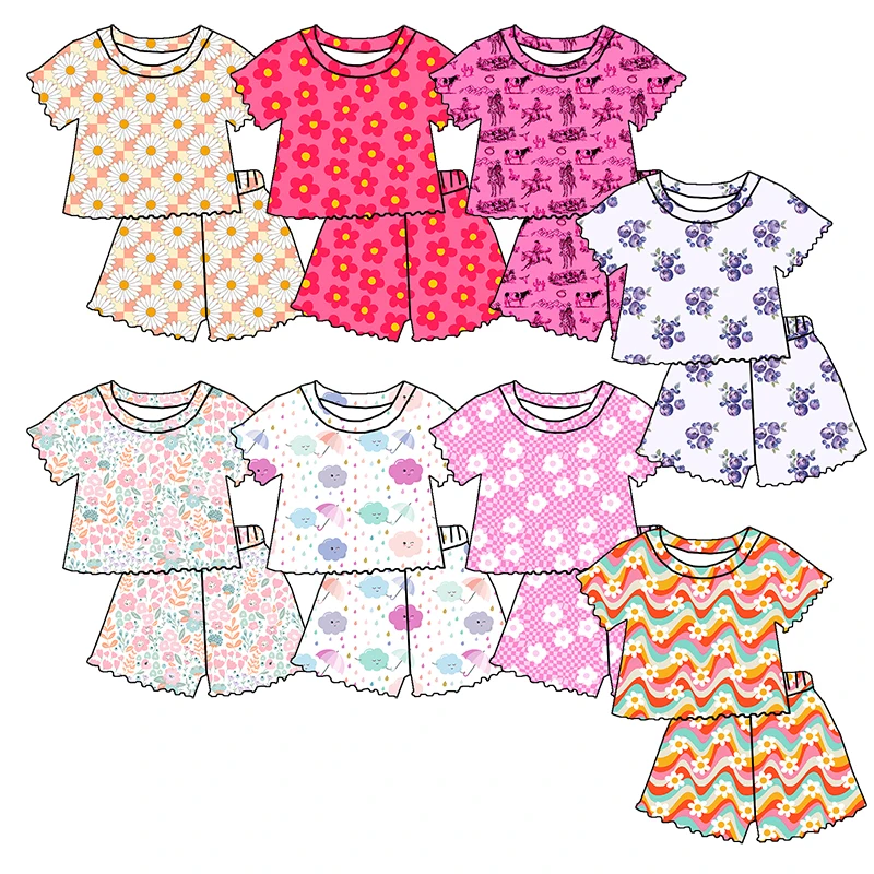 New Arrival Kids Clothing Custom Printing Crop Length Shirt Matching Lettuce Edge Shorts Girls Summer Clothes Sets