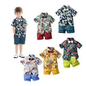 Western Children Clothing Two Piece Boy Clothes Flower Shirt Fashion Bow Tie Shorts With Pockets