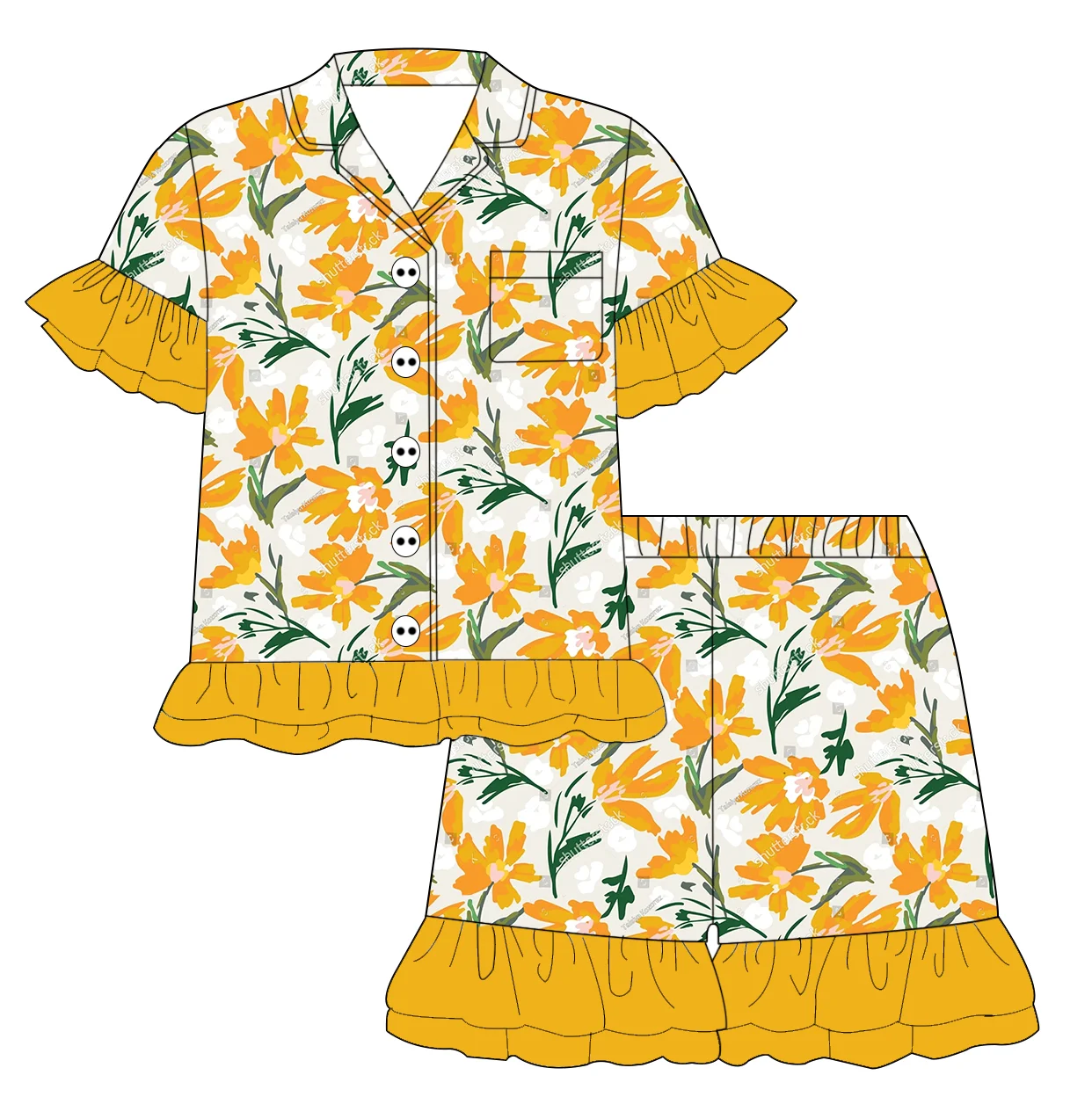 Hot Sale Little Girls Tiered Ruffled Pajama Set Button-Front Short Sleeve Top & Shorts Soft High Quality Baby Girls Sleepwear - Image 4