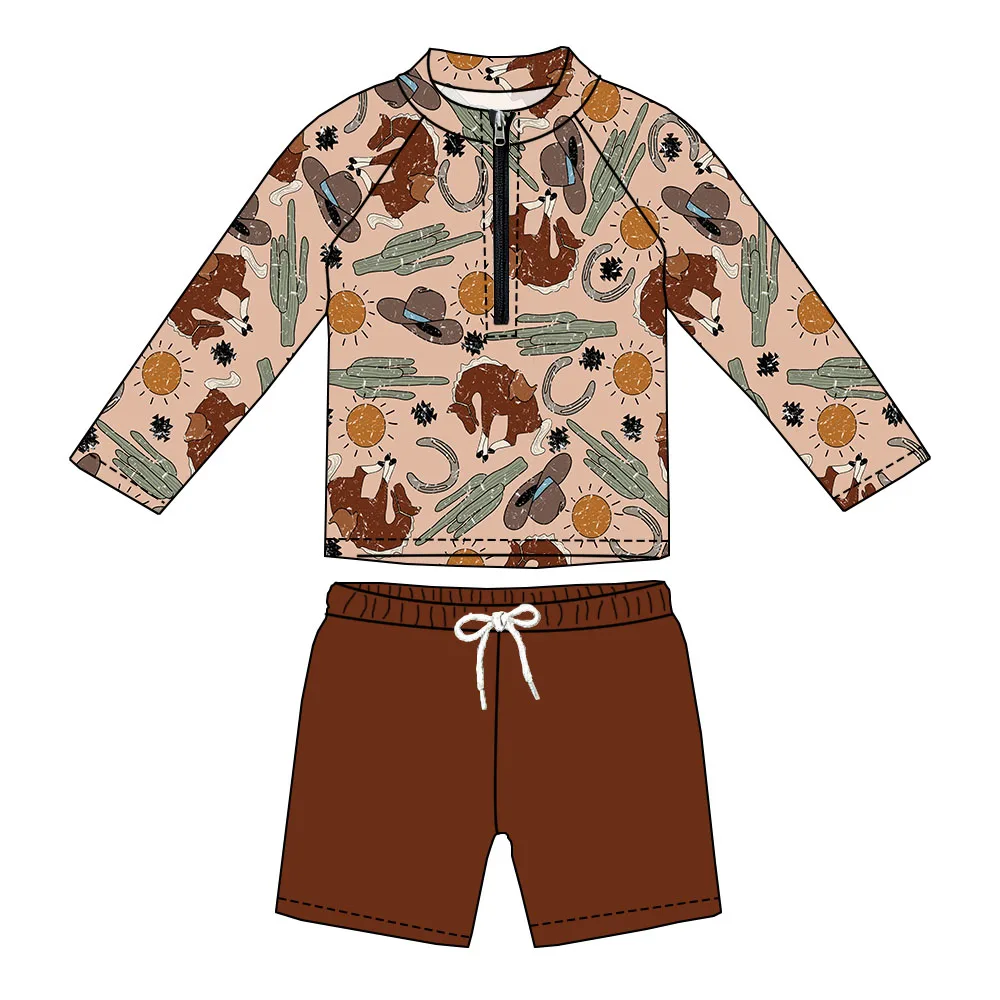Hot Sale Custom Western Print Swim Sets Long Sleeves Zip-up Tops and Trunks Swimwear Kids Boys 2-Pieces Swimsuit - Image 4