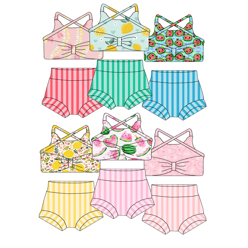Summer Girl Custom Printed Bow Decoration Swimming Suit Set - High-quality Halter-style Children's Swimwear Set