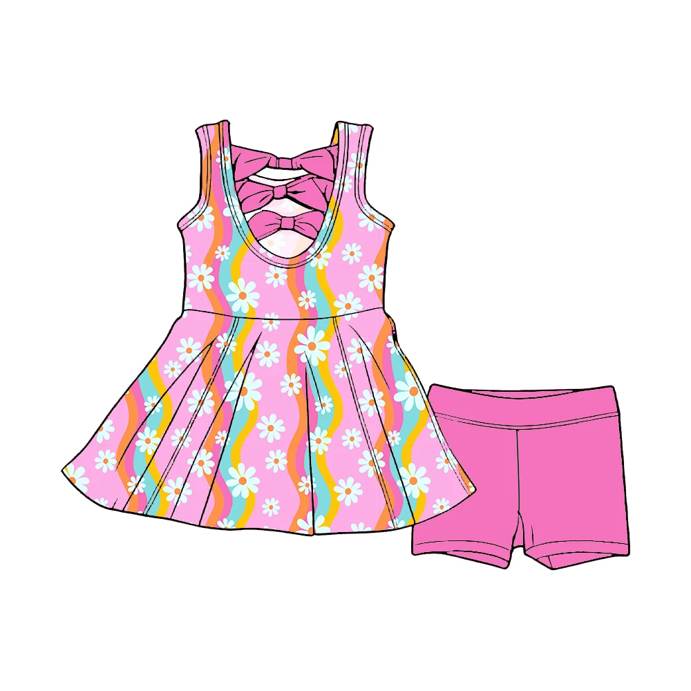 Hot Sale Summer Custom Floral Pattern Back Bows Peplum Tops with Biker Shorts Boutique Kids Girls Clothes Sets - Image 5