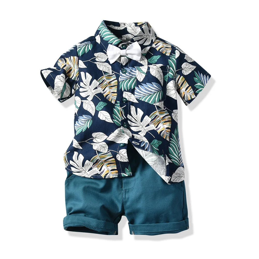 Western Children Clothing Two Piece Boy Clothes Flower Shirt Fashion Bow Tie Shorts With Pockets - Image 6