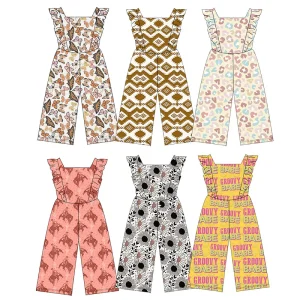 New Arrival Boutique Ruffle Sleeve Wide Leg Design Loose Style Girl One Piece Romper Round Neck Kids Baby Jumpsuit Overall