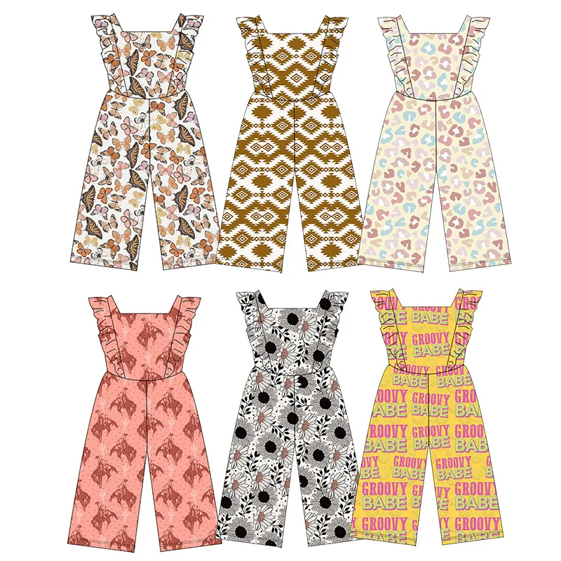 New Arrival Boutique Ruffle Sleeve Wide Leg Design Loose Style Girl One Piece Romper Round Neck Kids Baby Jumpsuit Overall