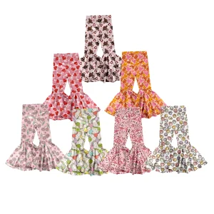 Wholesale Girls Clothing  Cute Valentine Prints Super Soft Velvet Knit Fabric High Waist Girls Bell Bottoms