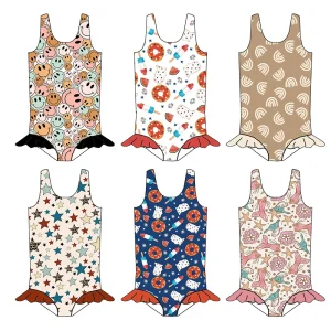 New Girls One Piece Swimwear Beachwear Custom Printing with Ruffles Lovely Girls Bathing Suits