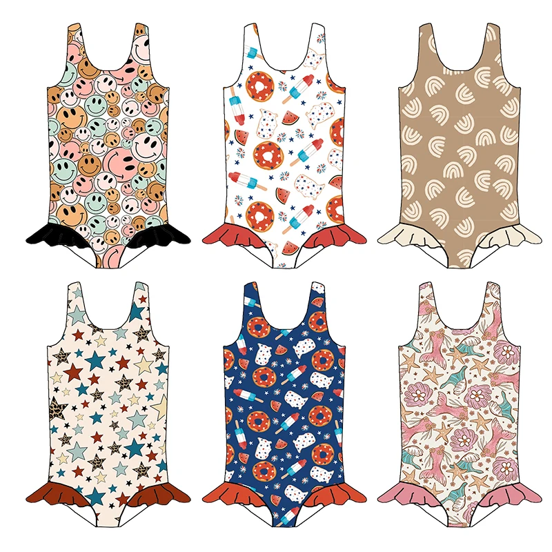 New Girls One Piece Swimwear Beachwear Custom Printing with Ruffles Lovely Girls Bathing Suits