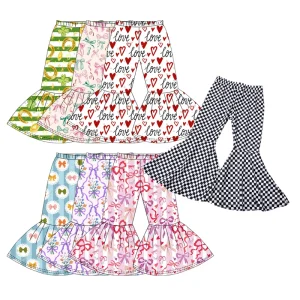 Custom Bow & Heart Printings Bell Bottom Pants for Girls Kids Flare Pants for Baby Girls on Valentines Day
